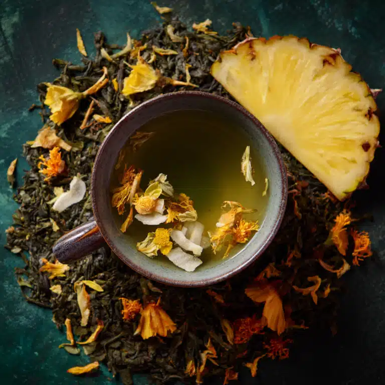 A cup of pina colada tea. Pineapple and Coconut Green Tea